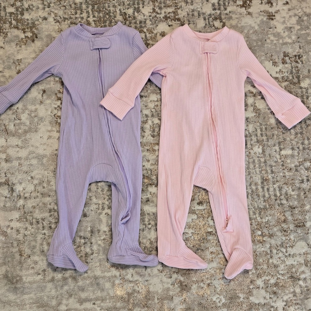 Lullaby Lane Baby Girls Ribbed Footie Pajamas 2 Pack Pink Purple 3-6 Months